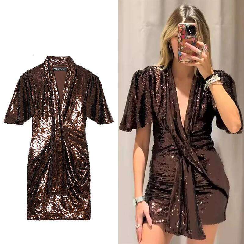 Designer Clothes Women S Dress Deep V Neck Short Sleeve Female Sequin Elegant New Year Christmas Fashion Chic Evening Party Dresses Hot Selling