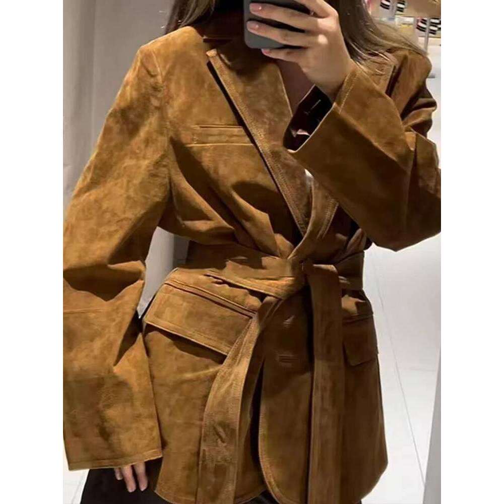 Designer Clothes Women S Suede Suit Jacket Long Sleeve Flap Pockets With Belt Blazers Jackets Female Outerwear Chic Tops Hot Selling
