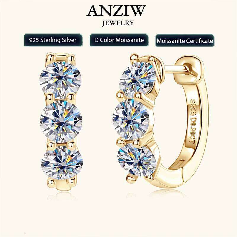 2024 New Three Stone Real 925 Sterling Silver 4Mm Round Moissanite Hoop Earrings For Women Jewelry Gift Valentine Day
