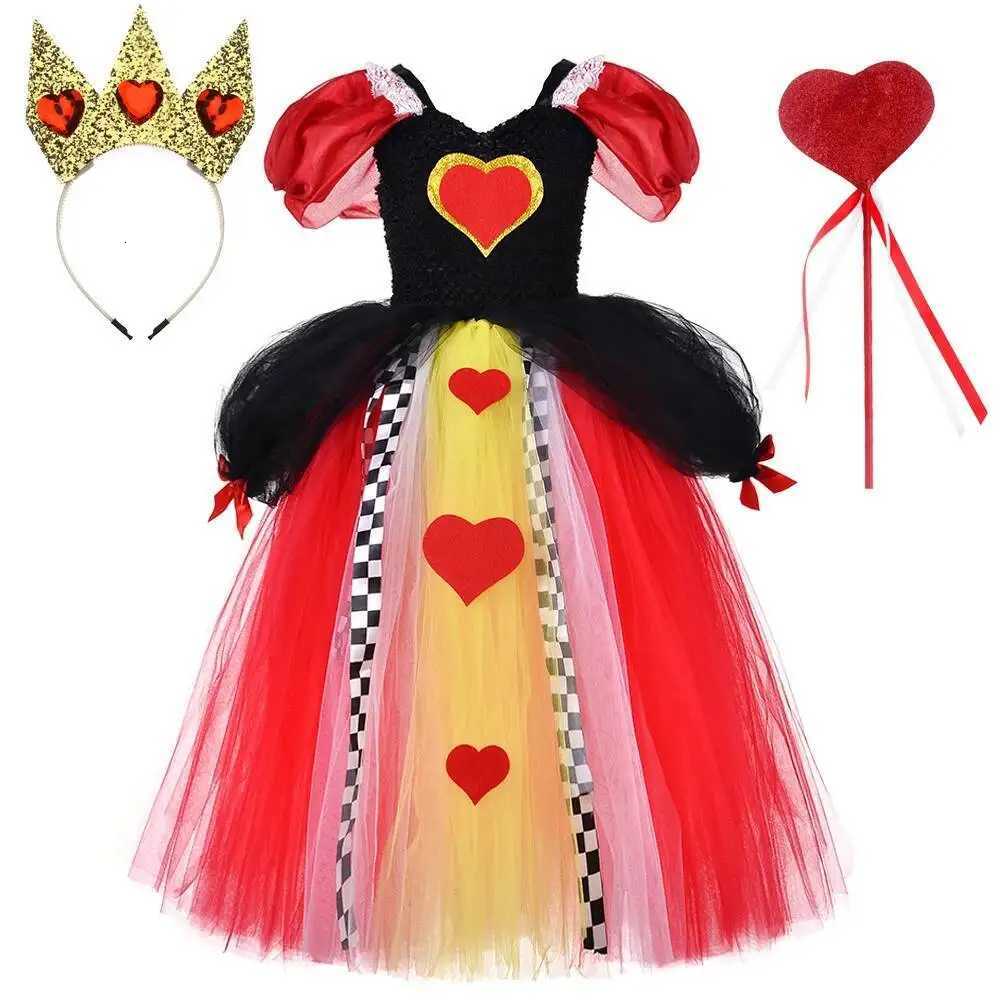 Costumi lunghi da Regina di Cuori rossi per ragazze Natale Halloween Abito tutù a figura intera con maniche a sbuffo Corona Vestito da festa per bam