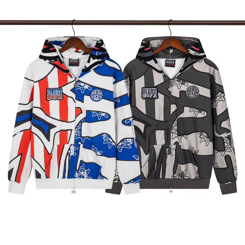 26fw Cartoon Embroidery Full Zip Hoodie Men Women Hooded Zipper Pullover