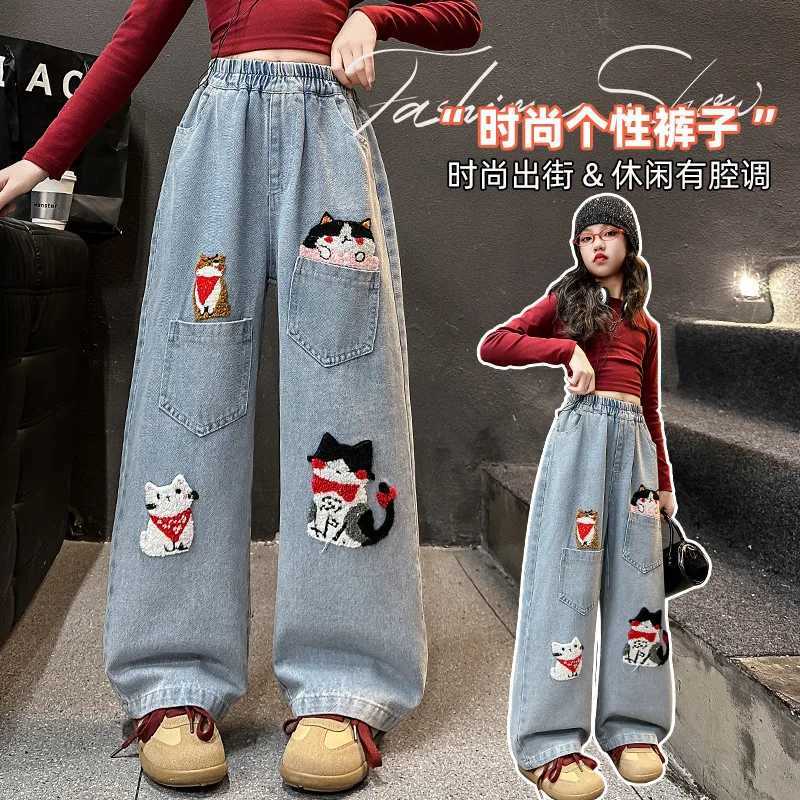 New Design Children Cat Embroidered Printed Jeans For Kids Trendy Cartoon Trousers Girls High Fashion Streetwear Denim PantsT251212-image-1088150746
