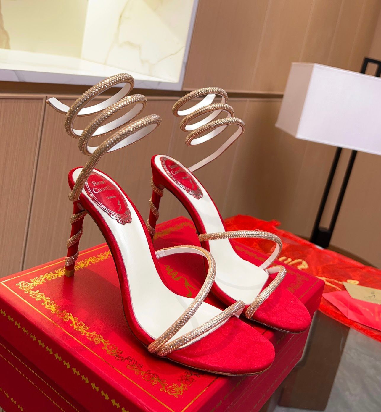 Summer Luxury ReneS Donna Sandali Margot Scarpe CaovillS Cleo Velluto impreziosito da cristalli Tacchi a spillo a forma di serpente Lady Party Abito