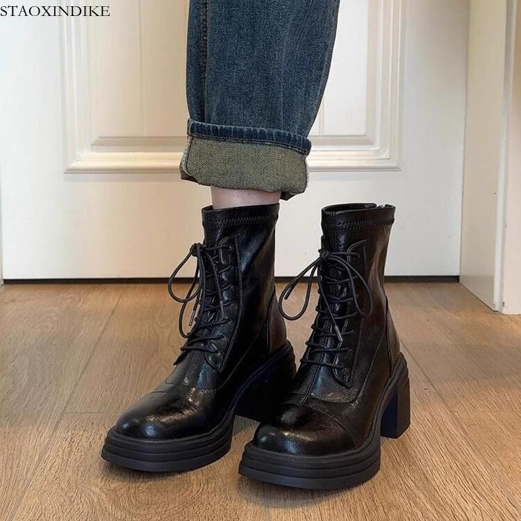 STAOXINDIKE Cowhide Version~ High Heel Thick Sole Versatile Elegant Martin Boots for Women Genuine Leather Waterproof Platform Lace-up Side Zipper E