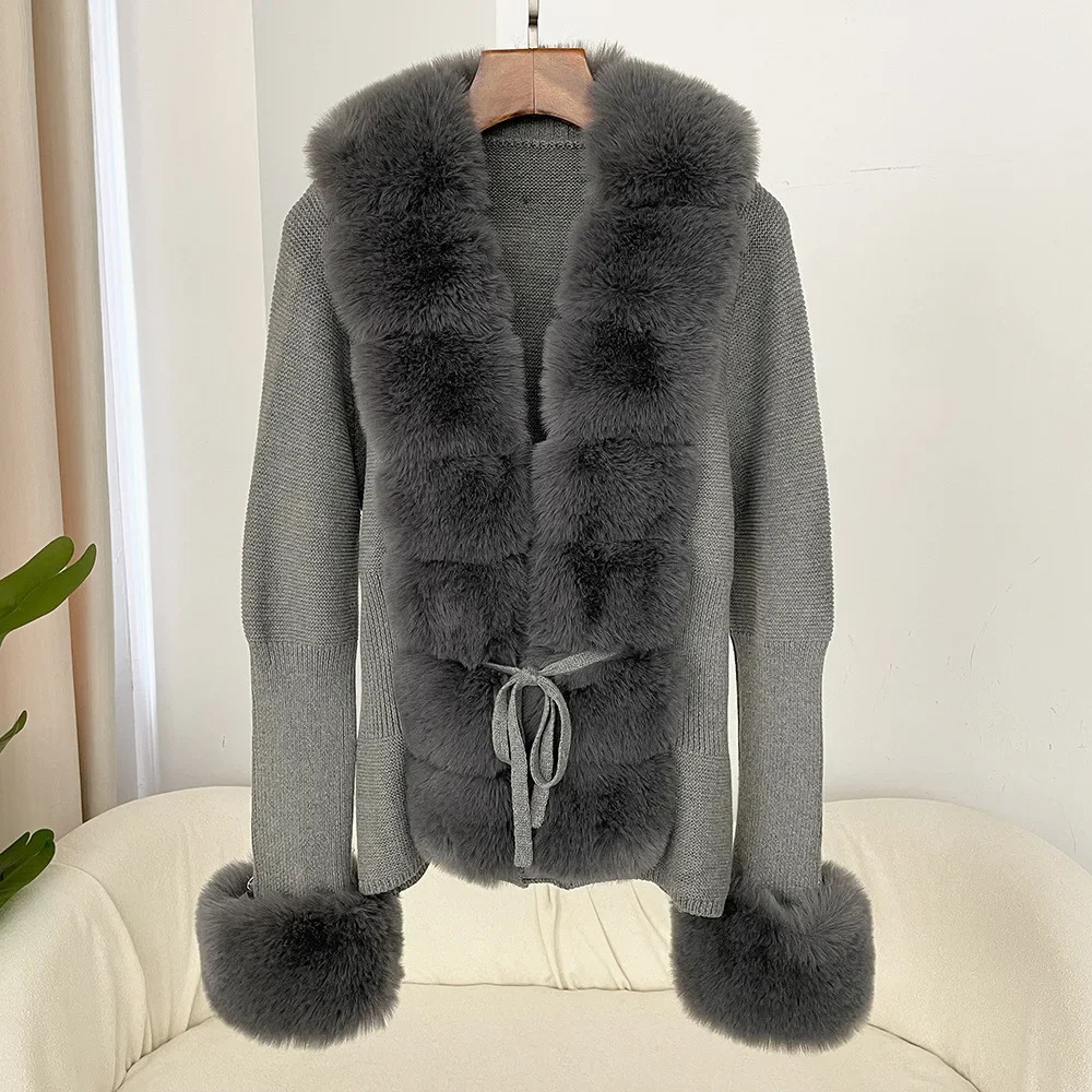 Knitted Womens Cardigan Sweater Fox Fur Jacket Spring Autumn Cross-border Top V-neck Style Fashionable Coat 251209
