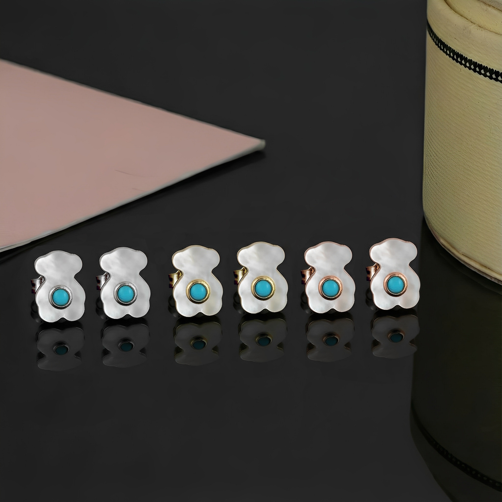 Hot Fashion Women Men Silver Rose Gold Stainless Steel Span Cartoon Animal Bear Heart White Shell Green Bead Stud Earrings Jewelry-image-1088191532
