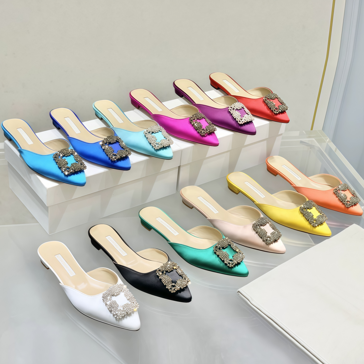 Designer Luxury Women Slippers New Flats Silk Rhinestone Pointed Toe Shoes Square Buckle Women's Outerwear Sexy Sandals Summer 35-42