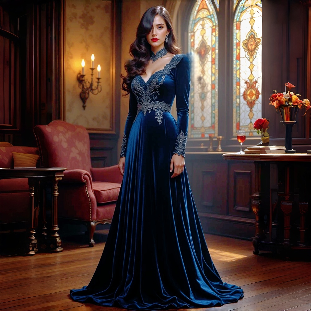 Vintage Blue Velvet Evening Dresses Long Sleeves V-Neck A-Line Elegant Formal Dress Lace Appliques Prom Gowns For Women