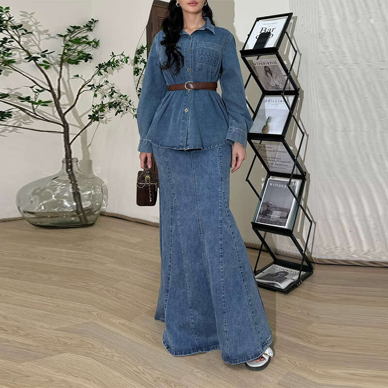 Autumn New Women's Fashion European And American Style Polo Collar Waist-Cinching Blue Denim Casual Set B5