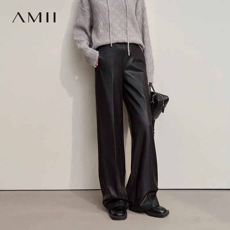 AMII Pants For Woman 2025 Winter Minimalist PU Leather Loose Wide-leg Pants Casual Office Lady Trousers 12524063251210