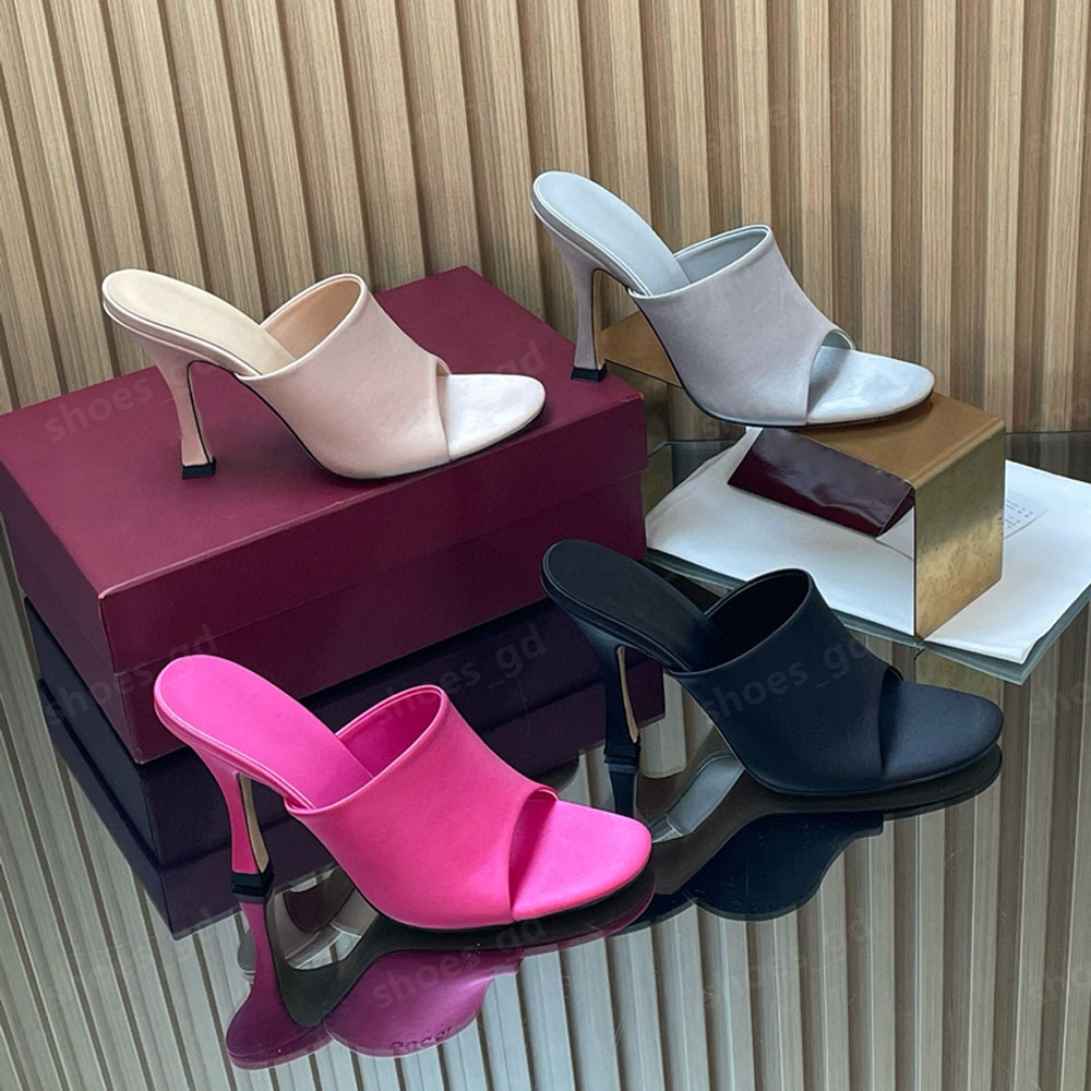 Top quality simple fashion peep toes mules heels Stiletto heel slippers slide satin Luxury designer sandals womens With box 10cm