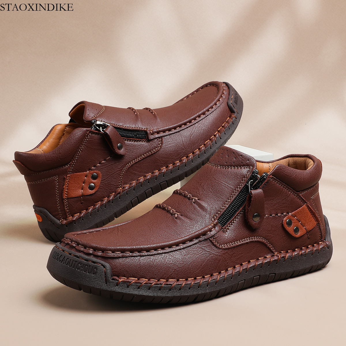 STAOXINDIKE Cross-Border Plus Size Men's Shoes Outdoor Casual Shoes Slip-On Flat Hand-Sewn Leather Shoes High-Top Plus Size Shoes Martin Boots