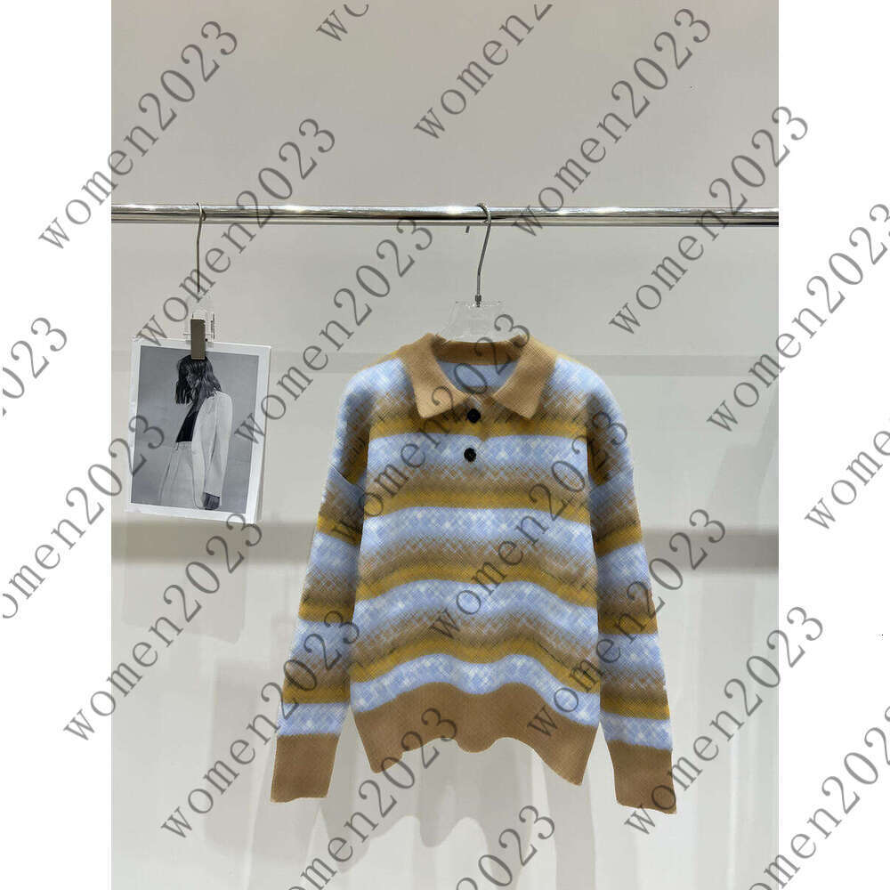 Designer Women's Sweater Fashion Polo Collar Striped Knitted Sweater Women's Autumn Loose Lazy Style Blue Brown Gradient Diamond Jacquard