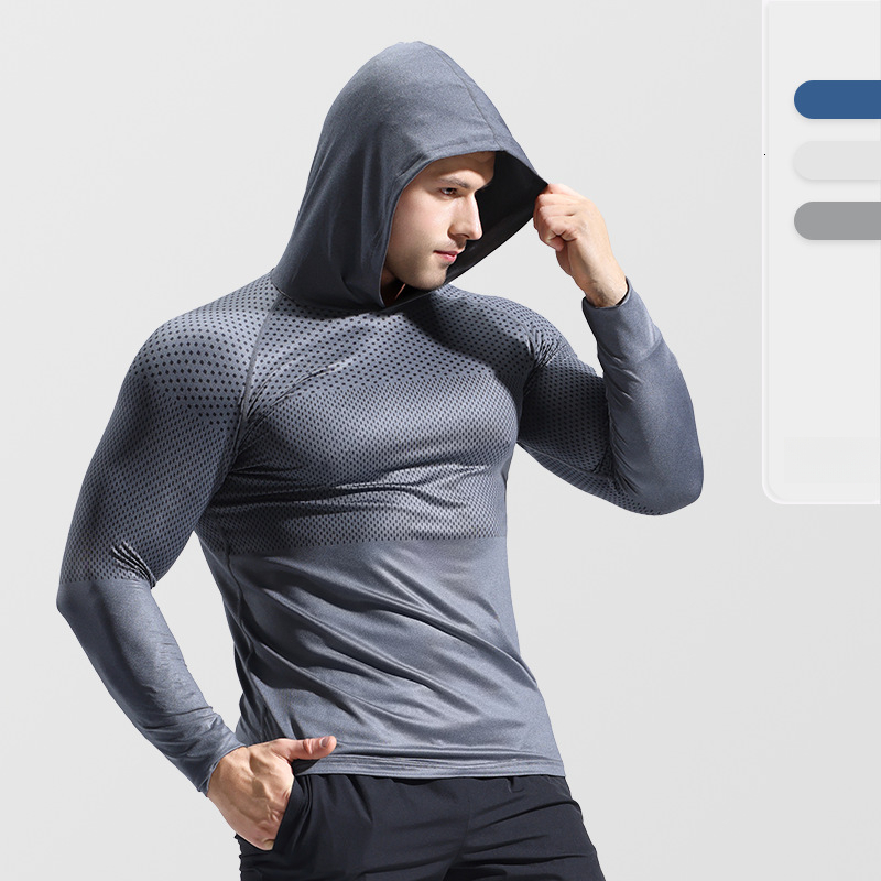 Men's New Long Sleeve Shirts Thin Hooded Sports Fitness Quick-Dry Shirt with Reflective Stripes for Night Running and Morning Training free shi