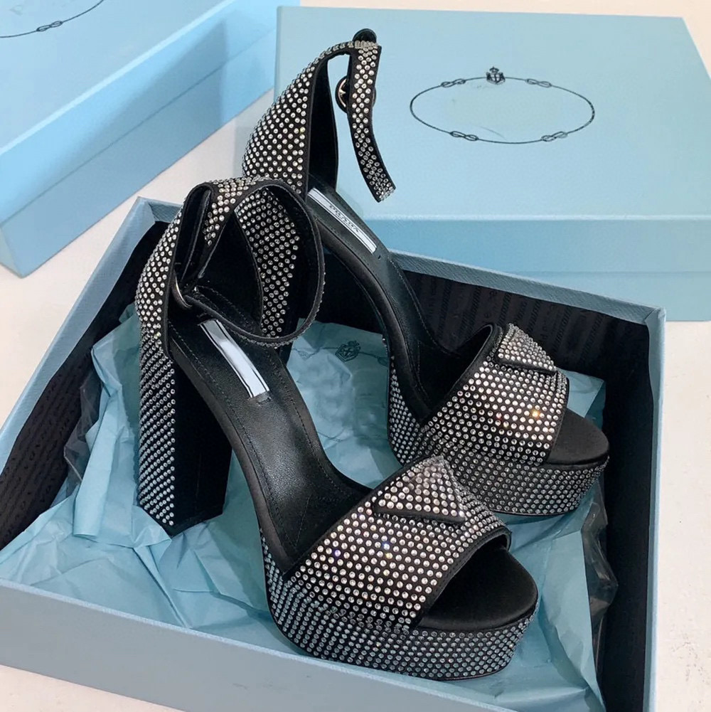 Sandales à plateforme avec bride à la cheville ornées de cristaux, talons épais, strass, talons hauts, chaussures de créateur pour femmes, chauss