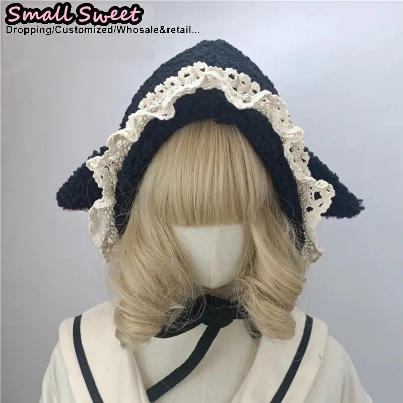Gothic Japanese versatile Lolita sheep ears Y2K Punk falbala lace Beanie Hat Women Cap Autumn Winter Hip-hop Pointed knit Hats 251204