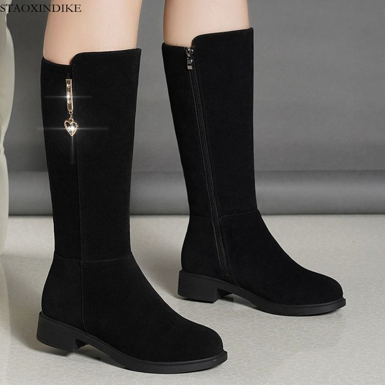 STAOXINDIKE Versatile Knee-High Warm Cotton Shoes Snow Boots for Women 2025 Autumn Winter New Flat Martin Boots with Fleece Mid-Calf Boots