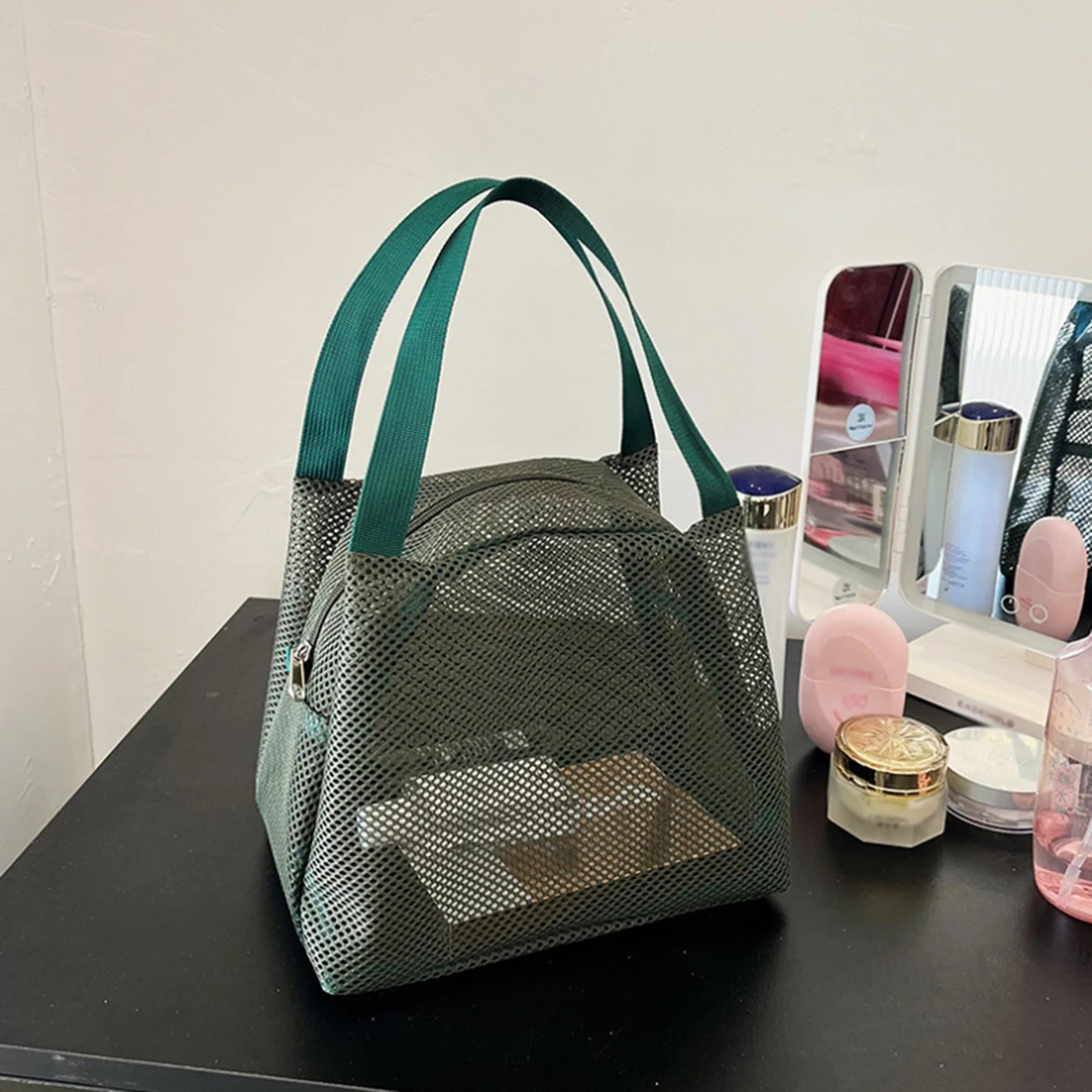 Large Capacity Mesh Bag with Handle Travel Toiletry Makeup Portable Beach Cosmetic Zipper Pouch 251210