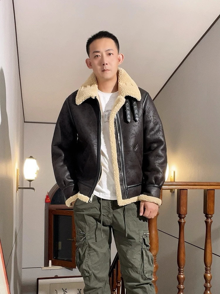 Retro Shearling B3 Bomber Jacket for Men - Thickened Suede Lambskin Leather Coat 251210