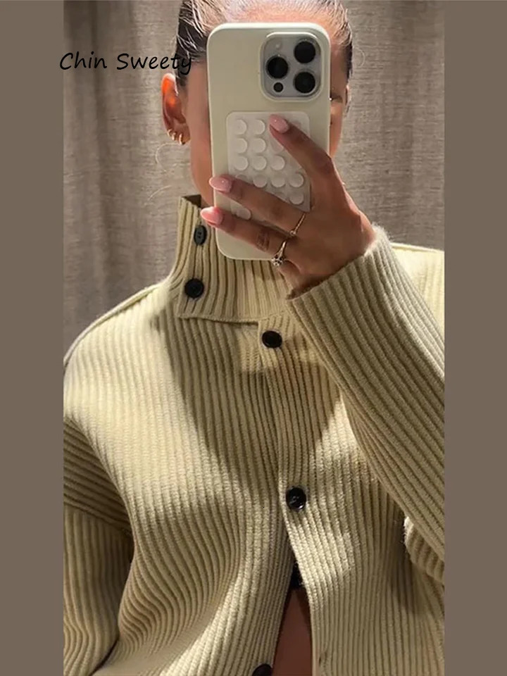 Womens High Neck Coat Knit Cardigan Outwear Solid Color Buttoned Jackets Long Sleeve Loose Casual Street Autumn Winter Clothes251205