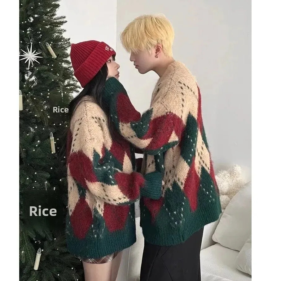 Retro Loose Christmas Sweater round Neck Knitted Womens Polo Collar Full Sleeve Autumn Winter Couple High Fashion Trendy Top251205