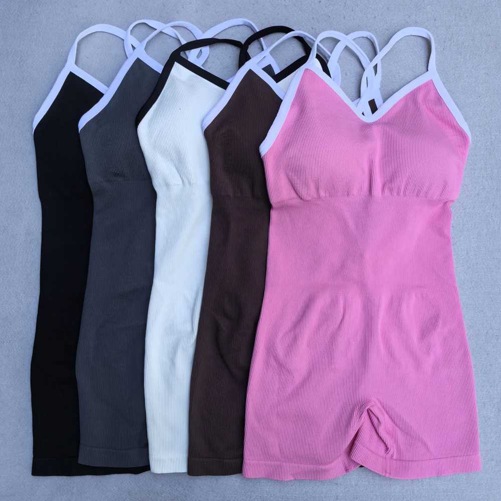 Summer Seamless Yoga Jumpsuit Women Gym Set Spaghetti Strap Leisure Workout Gym Shorts Padded Bra One-piece Fitness BodysuitsT251212-image-1088145874