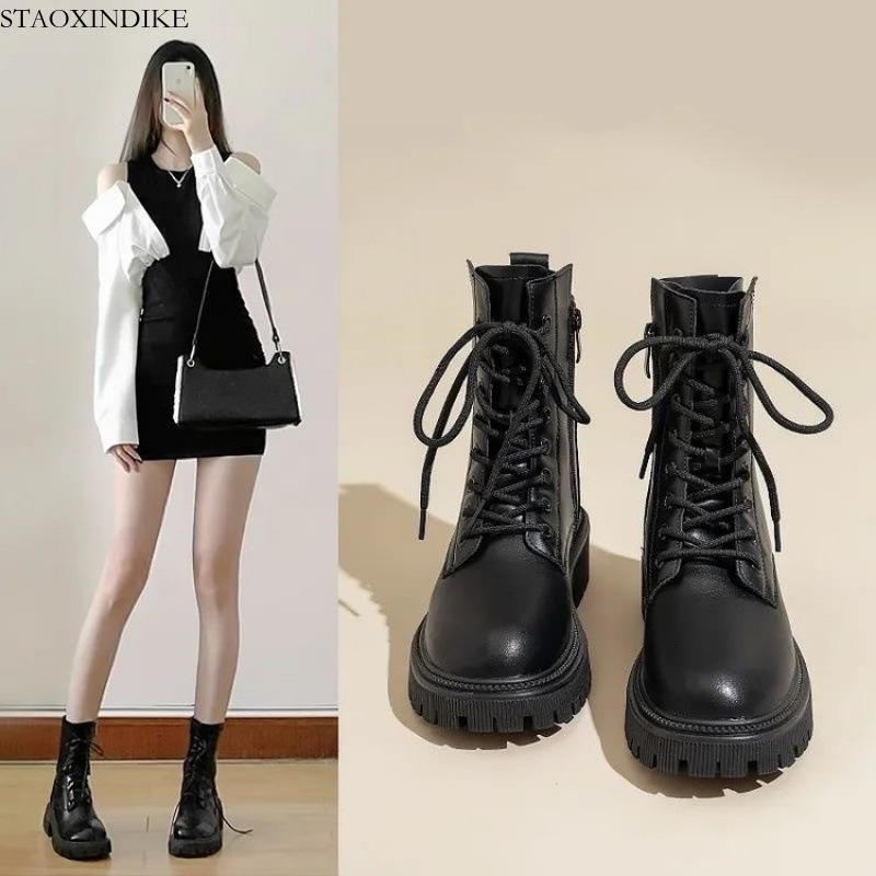 STAOXINDIKE 2025 Spring and Autumn New Versatile Thick-Soled Martin Boots for Women, Mid-Calf Boots for Petite Women, Suitable with Skirts, Short Bo