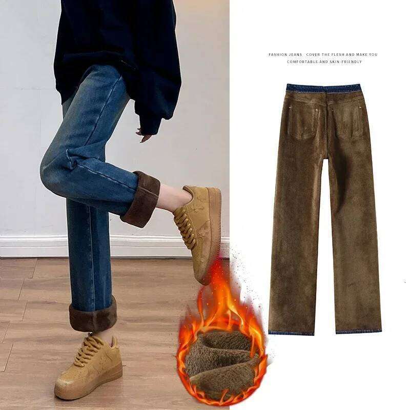 Winter Thickened Women's Mink Velvet Jeans Loose Straight Warm Soft Fleece Fashion Elastic High Waist Female Pants Black Blue