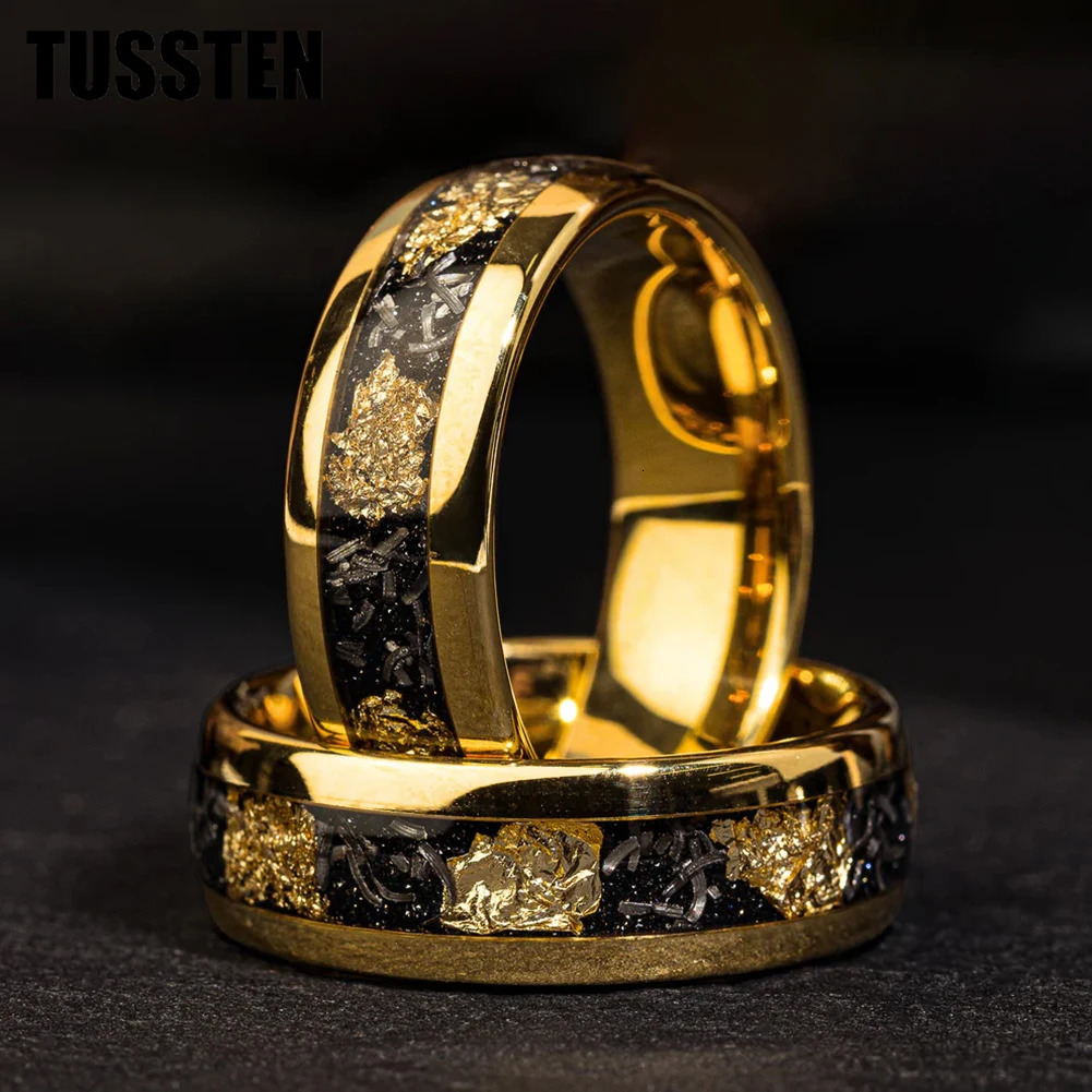 TUSSTEN 4/6/8MM Dome Edges Mens Womens Fashion Engagement Wedding Band Meteorite Gold Foil Inlay Tungsten Carbide Rings 251210