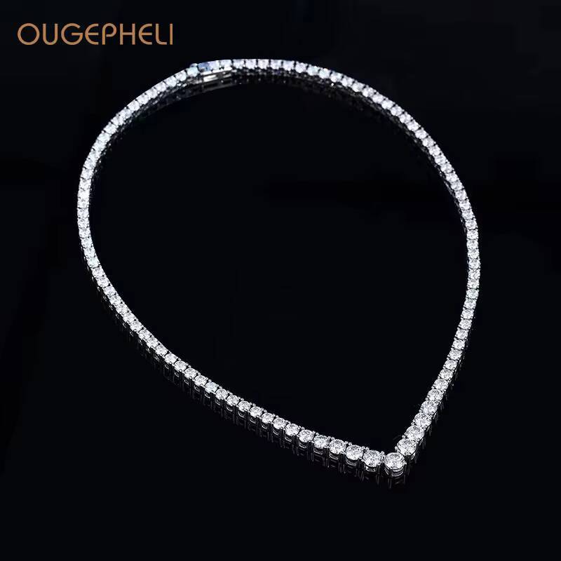 OUGEPHELI Moissanite Wholesale Custom GRA VVS Moissanite S925 925 Sterling Silver Plated Chain Tennis Necklace for Women