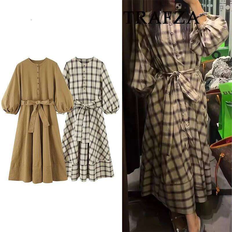 Designer Clothes New Fashion Plaid Printed Long With Belt Chic Dresses Women Summer Dress Hot Selling