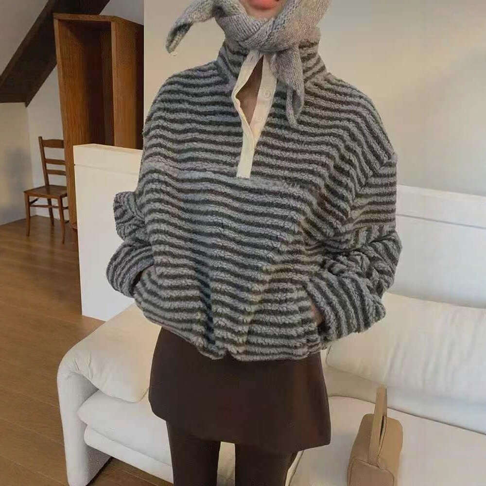 INS Autumn Winter New Korean Style Lazy Stand Half Open Collar Striped Furry Sweatshirt Jacket Women's Top B5