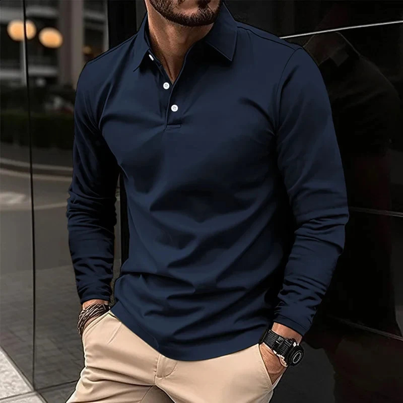 Mens Polo Business Casual Lapel Long Sleeve Comfortable Office Solid / Plain Color Buttons Spring Summer Full Regular Fit 251211