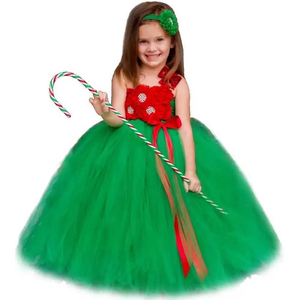 Red Green Flowers Christmas Costumes for Girls Full Length Princess Dresses for Kids Xmas Party Outfit Children New Year Clothes X251212