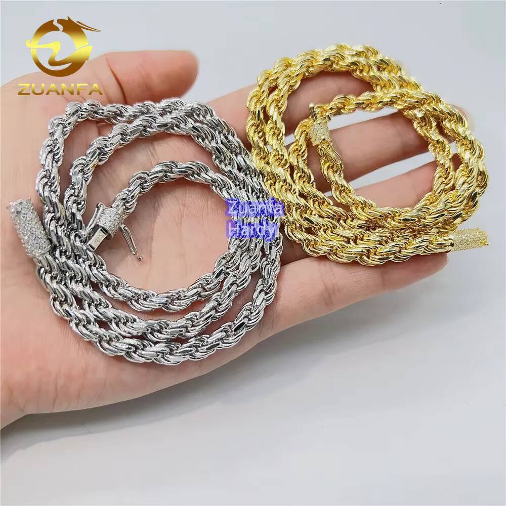 Wholesale Rope Chain Solid 18K Real Gold Plated 925 Sterling Silver VVS Moissanite Iced Out Clasp Rope Chain Necklace