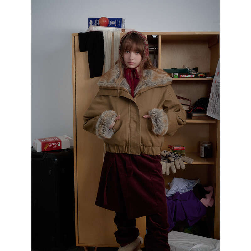 Retro Mountain Eagle Large Lapel Woolen Collar Workwear Jacket Winter Warm Couple Parka Cotton Coat Luxury