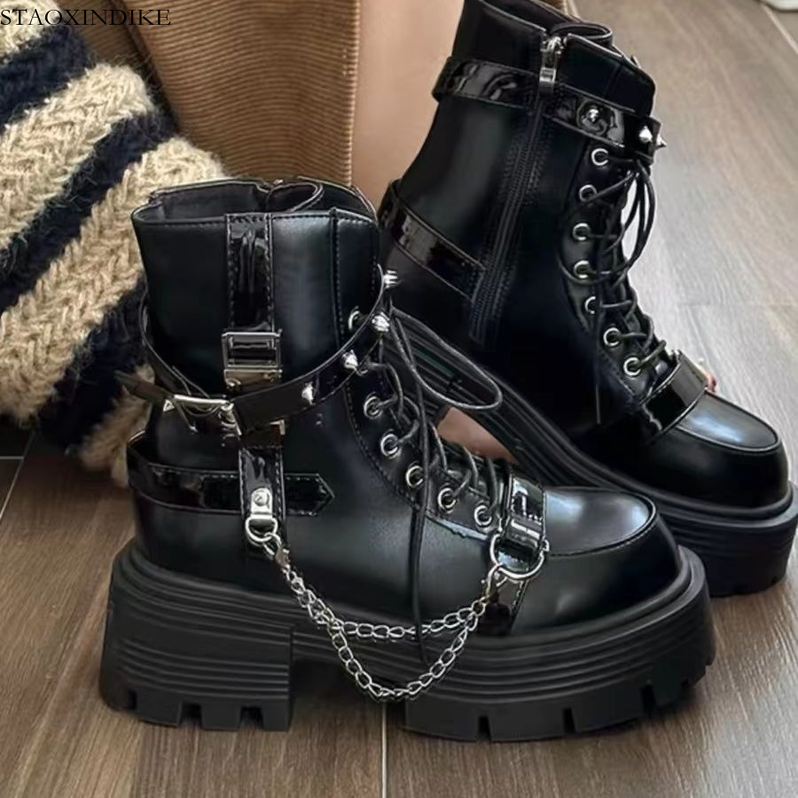 STAOXINDIKE Sweet Cool Thick-Soled Martin Boots for Women 2025 Autumn New Black Versatile Motorcycle Boots Height-Increasing British Style Short Boo
