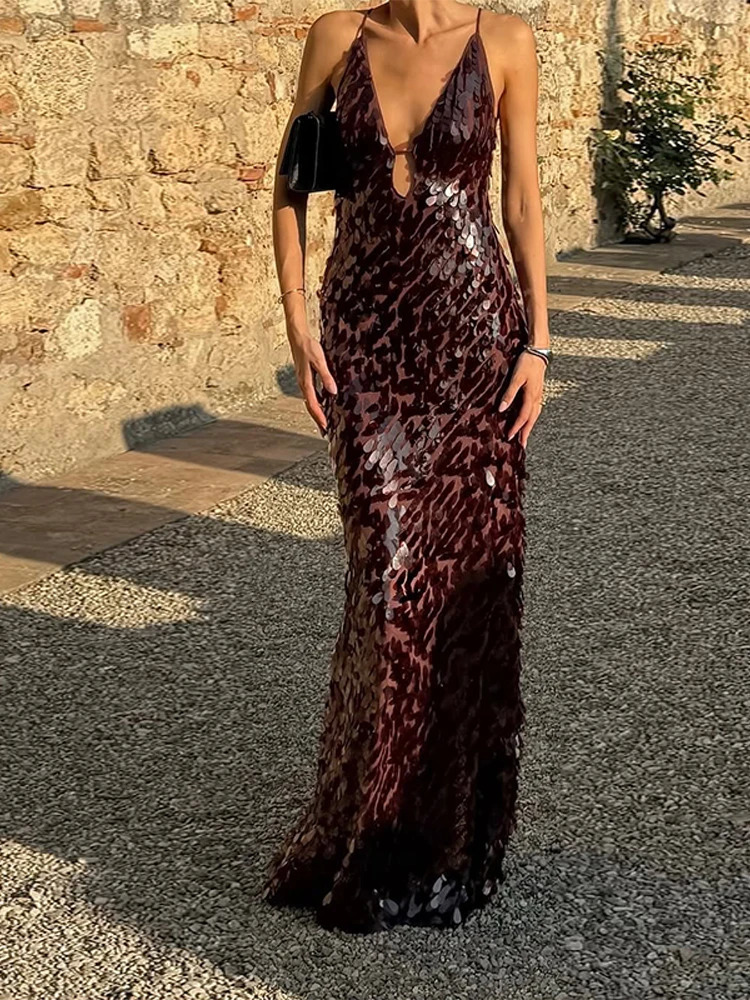 Women Sequin Sling Maxi Dress Vneck Solid Backless High Waist Sleeveless Dresses Fashion Summer Lady Party Robes 251211