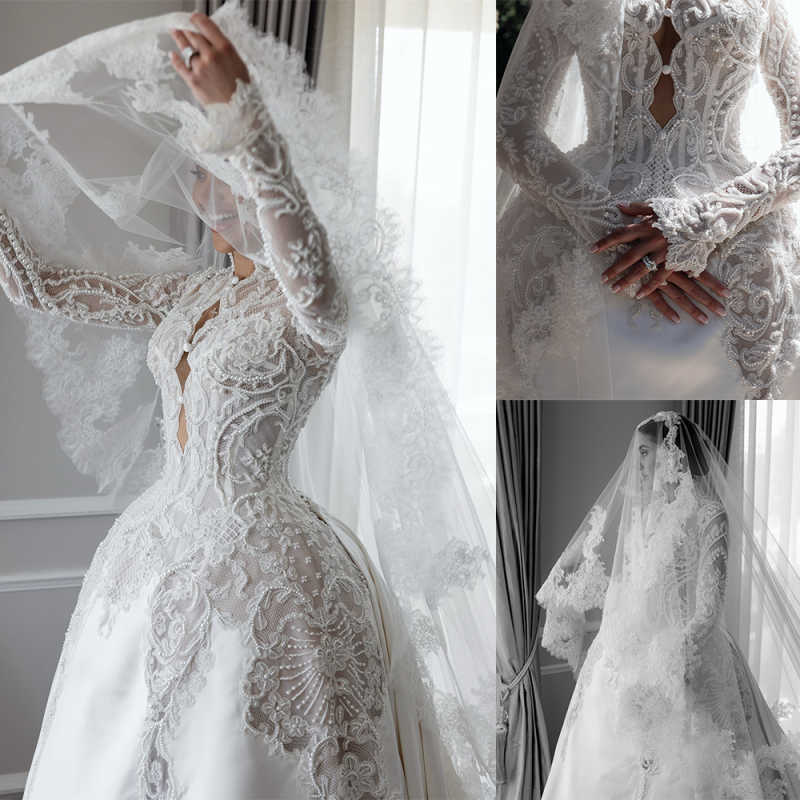 Customzied High collar Long Sleeve Mermaid wedding dress Detachable tail Lace Bridal Gown vestidos de novia amanda novias