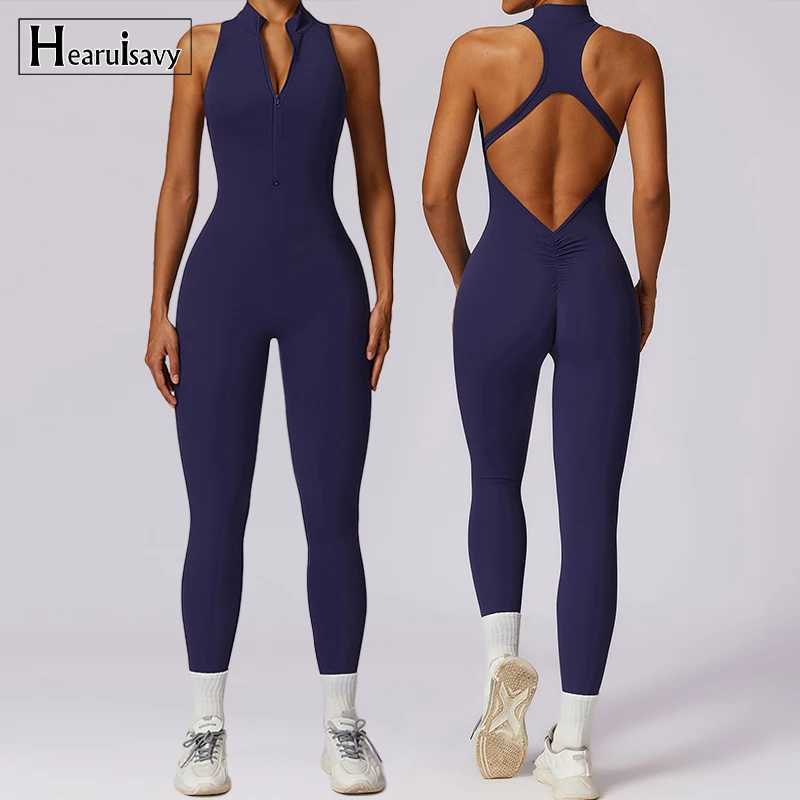 V Back One-piece Suit Women Sports Jumpsuit Zippers Yoga Rompers Backless Sportswear Women Sleeveles Workout Bodysuits FemaleT251212-image-1088146072