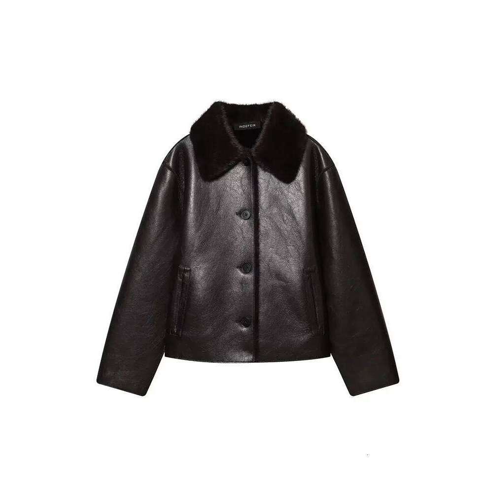 Designer Clothes Women New Reversible Plush Faux Leather Jackets For Blends Thick Winter Office Turn Down Collar Coat Chic Outerwear Hot Selling
