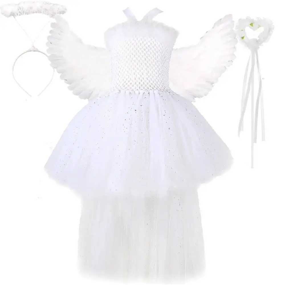 Sparkly White Angel Costumes for Girls Halloween Christmas Lined Trailing Dresses with Wings Set Kids New Year Carnival Outfits X251212