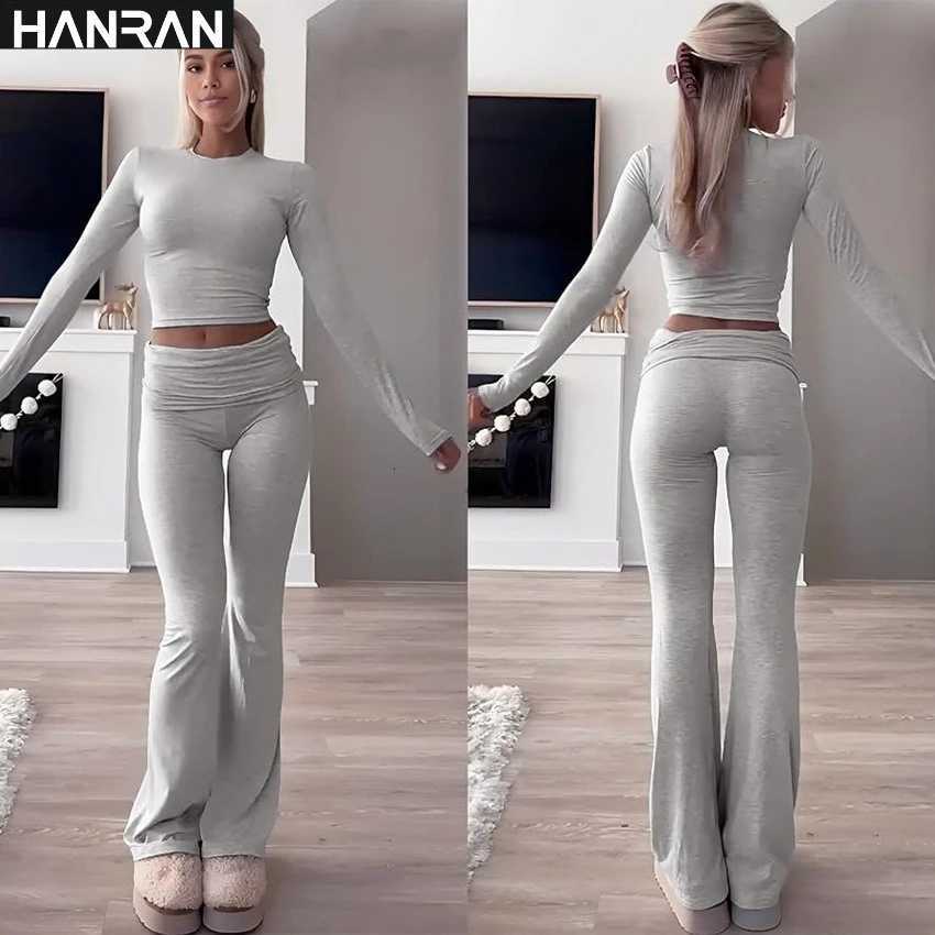 HANRAN Womens Sportswear Two Piece Set 2025 Long Sleeve Yoga Outfit with Bell Bottom PantsT251212-image-1088146356