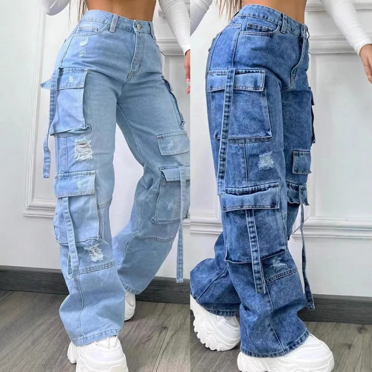 2025 moda colore puro abbigliamento da lavoro casual denim vita alta multi tasca vestibilità ampia jeans da donna versatile plus size251205