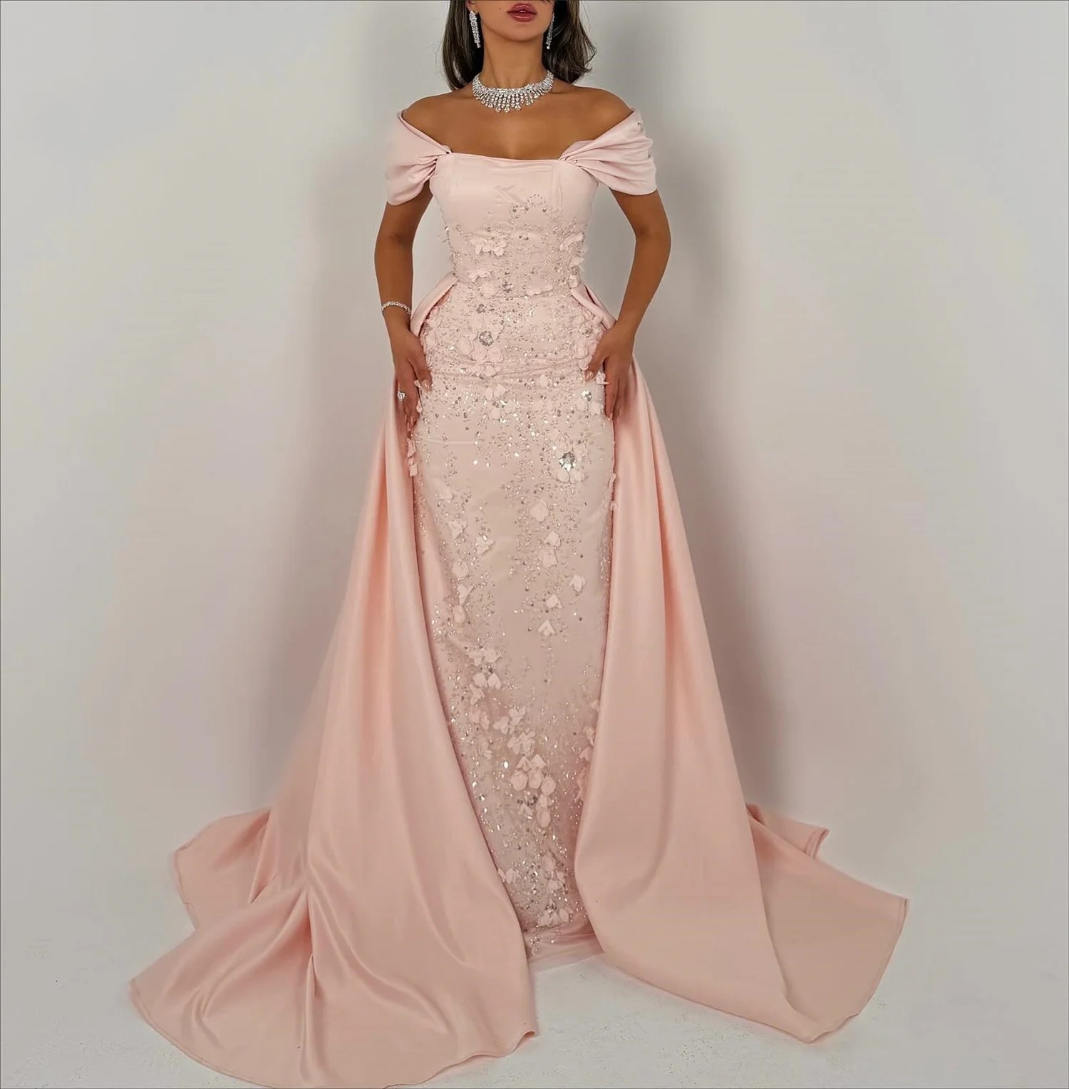 Abito da sera formale rosa chiaro 2026 Al largo della spalla Fiori 3D Paillettes Sirena Abiti da spettacolo di spettacolo Abiti da festa arabi Robe