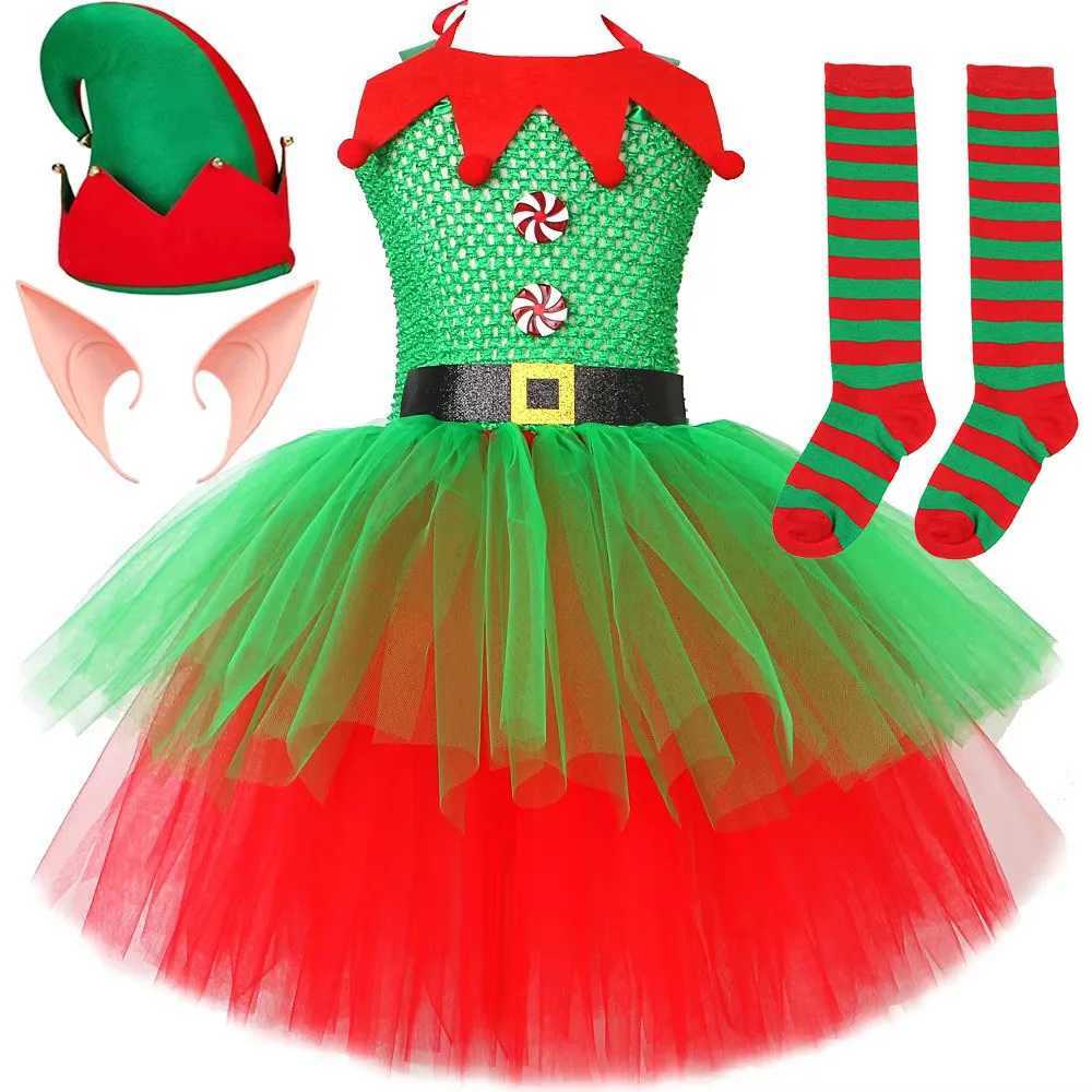 Red Green Christmas Elf Costumes for Girls Xmas Elves Fairy Dresses for Kids New Year Outfit Festival Clothes with Hat Socks X251212