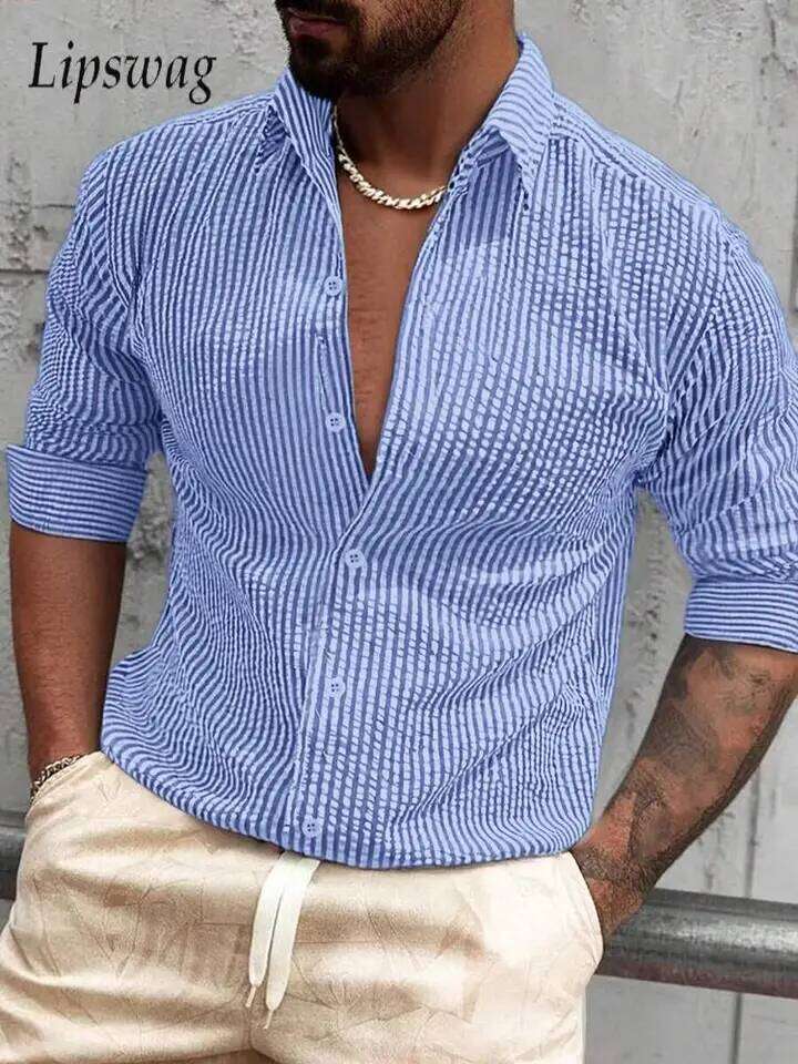 Stylish Mens Striped Textured Shirt Tops Spring Fall New Casual Breathable Men Clothing Vintage Button-Up Collar Shirts