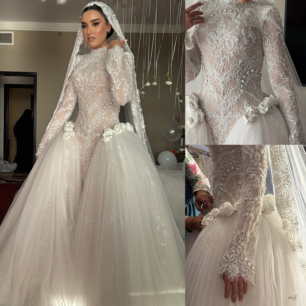 Designer Women Wedding Dress High Collar Long Sleeves Bridal Gowns Handmade Floral Lace Beaded Sweep Train Dress Custom Made vestidos de novia
