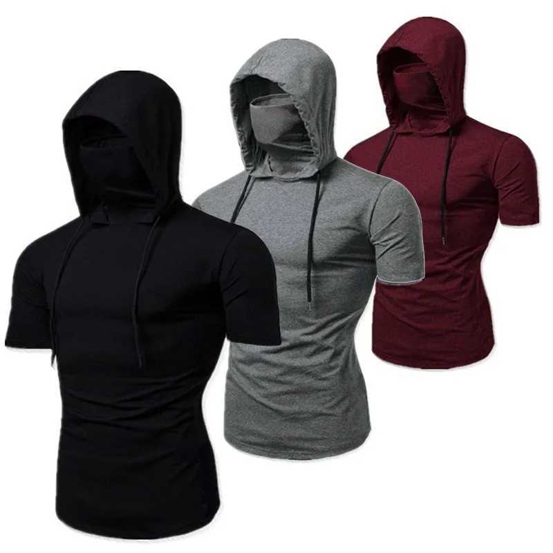 Mens Gym Thin Hoodie Short Sleeve Hoodies With Mask Sweatshirt Casual Splice Large Mask Hoodie Sweatshirt Hooded Tops Cycling W251211