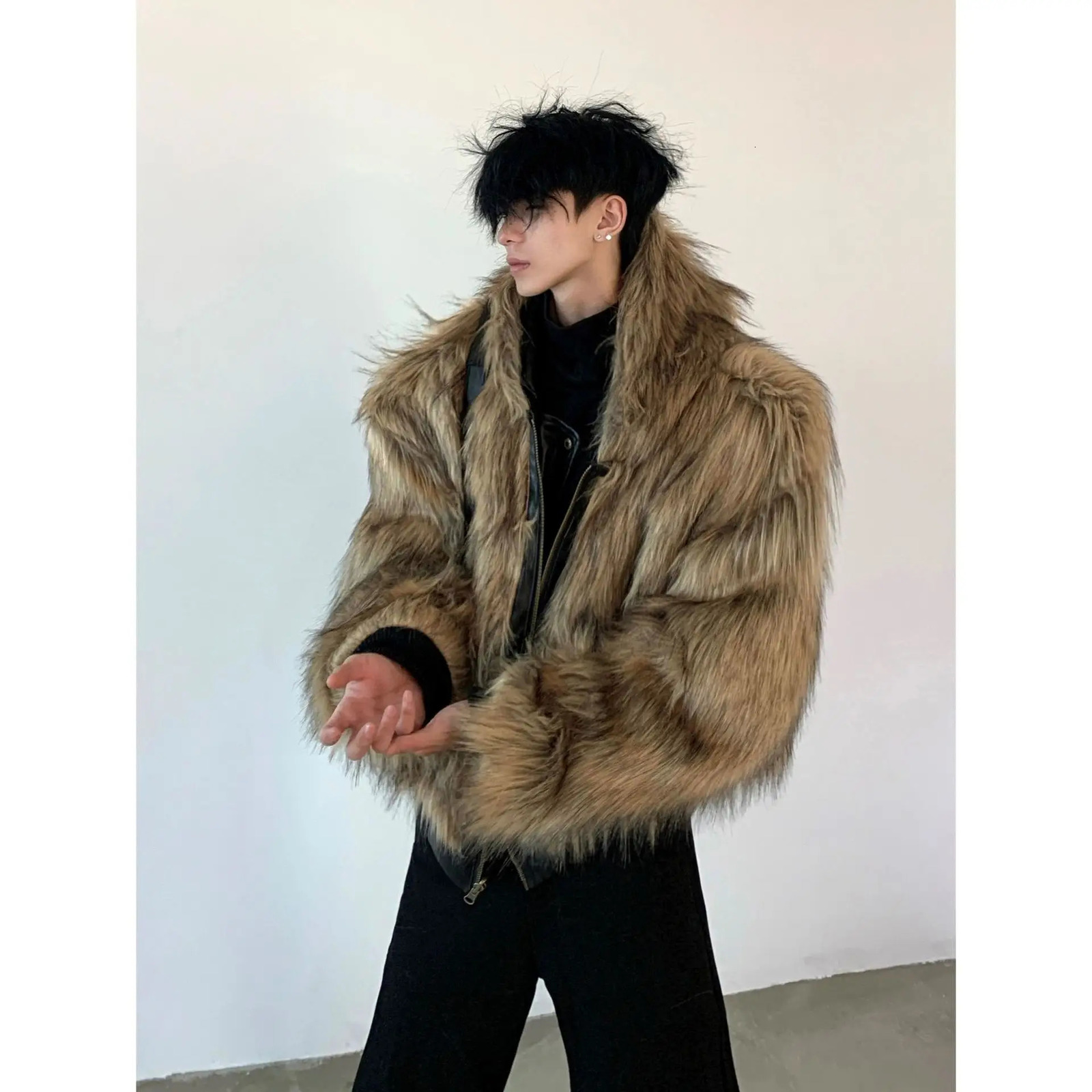 Men Faux Fur Jacket Coat Pu Leather 2025 Winter Thick Warm Outerwear Spliced Hooded Zipper Pockets Vintage High Street Overcoat251205